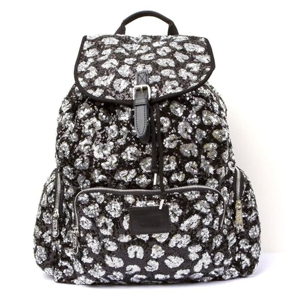 RARE! Limited Ed Victoria's Secret Pink Sequins Black Silver Cheetah BackPack - Picture 1 of 6